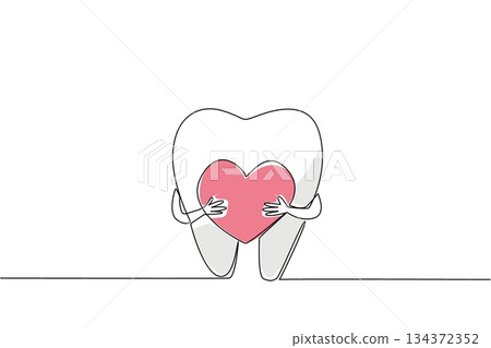Single line drawing of a big tooth holding a pink heart with arms, representing love and care in dental health concept for National I Love My Dentist Day celebration. 134372352