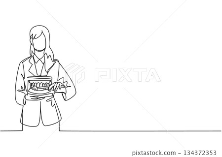 A continuous line drawing of a female dentist demonstrating proper brushing on a dental model, highlighting oral health education for National I Love My Dentist Day in a health concept. 134372353