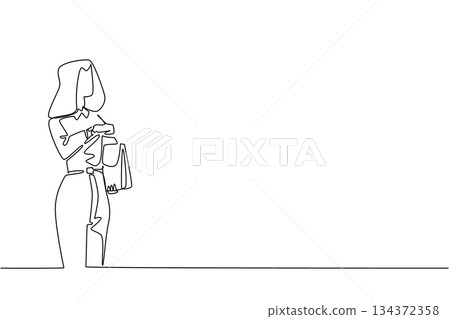 continuous line drawing of a young businesswoman holding a handbag and checking her watch, themed for National Punctuality Day to represent professionalism and effective time management continuous line drawing of a young businesswoman holding a handbag and checking her watch, themed for National Punctuality Day to represent professionalism and effective time management 134372358