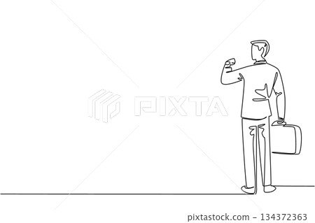 Single line drawing of a man holding a briefcase, standing confidently from behind, representing a business concept for National Leave Work Early Day, symbolizing determination and career independence Single line drawing of a man holding a briefcase, standing confidently from behind, representing a business concept for National Leave Work Early Day, symbolizing determination and career independence 134372363