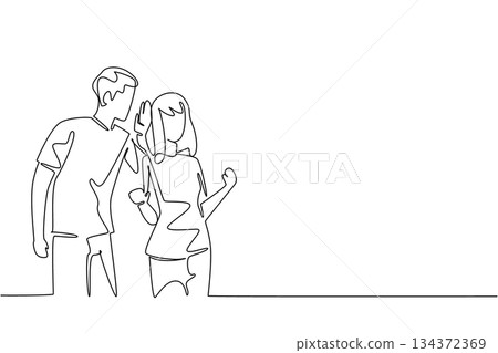 Continuous line drawing of a man and woman talking kindly together for Say Something Nice Day. Designed for a communication and relationship concept, encouraging respect, empathy, and connection. Continuous line drawing of a man and woman talking kindly together for Say Something Nice Day. Designed for a communication and relationship concept, encouraging respect, empathy, and connection. 134372369