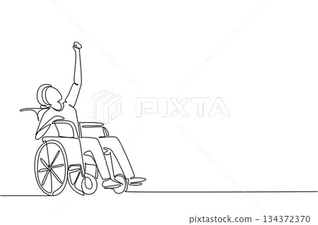 One line drawing of a woman in a wheelchair raising her arm in triumph, celebrating strength and resilience on National Cancer Survivors Day, ideal for motivation and advocacy concept. One line drawing of a woman in a wheelchair raising her arm in triumph, celebrating strength and resilience on National Cancer Survivors Day, ideal for motivation and advocacy concept. 134372370