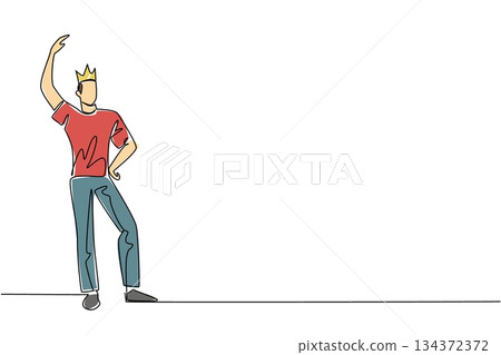 A continuous line drawing of a young man wearing a crown and posing confidently, portraying dominance, ego, and control. Great for World Narcissistic Abuse Awareness Day in a psychology concept. A continuous line drawing of a young man wearing a crown and posing confidently, portraying dominance, ego, and control. Great for World Narcissistic Abuse Awareness Day in a psychology concept. 134372372