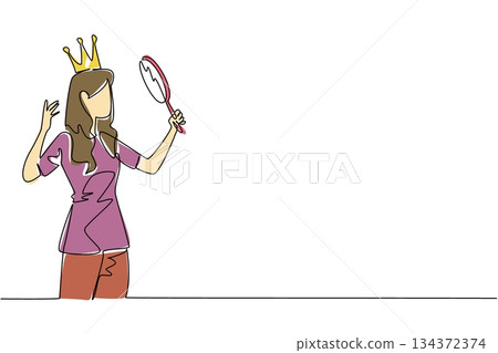 A single line drawing of a woman with a crown holding a mirror, reflecting vanity and red flags. Ideal for World Narcissistic Abuse Awareness Day in a psychology and awareness concept theme A single line drawing of a woman with a crown holding a mirror, reflecting vanity and red flags. Ideal for World Narcissistic Abuse Awareness Day in a psychology and awareness concept theme 134372374