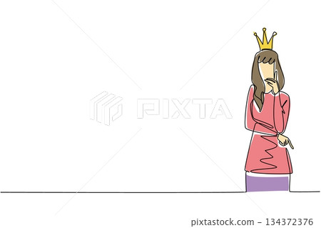 A continuous line drawing of a woman wearing a crown and covering her mouth, suggesting vanity, insecurity, and control. Suitable for World Narcissistic Abuse Awareness Day in a psychology concept. A continuous line drawing of a woman wearing a crown and covering her mouth, suggesting vanity, insecurity, and control. Suitable for World Narcissistic Abuse Awareness Day in a psychology concept. 134372376