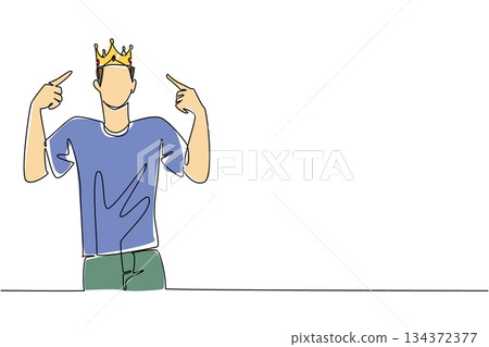 A single line drawing of a young man pointing proudly at his crown, highlighting arrogance, ego, and red flags. Ideal for World Narcissistic Abuse Awareness Day in a psychology and behavior concept 134372377