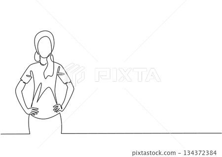 Minimalist continuous line drawing of a woman standing with hands on waist, showing strength and determination for National Cancer Survivors Day, suited for awareness and empowerment concept. Minimalist continuous line drawing of a woman standing with hands on waist, showing strength and determination for National Cancer Survivors Day, suited for awareness and empowerment concept. 134372384