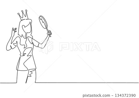 Continuous line drawing of a woman holding a mirror while wearing a crown, symbolizing vanity for World Narcissistic Abuse Awareness Day in a psychology concept and awareness theme artwork. Continuous line drawing of a woman holding a mirror while wearing a crown, symbolizing vanity for World Narcissistic Abuse Awareness Day in a psychology concept and awareness theme artwork. 134372390