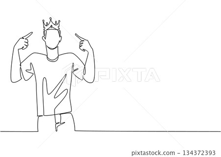 Single line drawing of a young man pointing proudly at his crown, representing ego and self-focus for World Narcissistic Abuse Awareness Day in a psychology concept with awareness message. 134372393