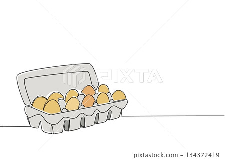 A continuous line drawing of an open egg carton filled with assorted eggs, food object concept, minimalist farm to table vector art for culinary and kitchen illustration themes. National Egg Day A continuous line drawing of an open egg carton filled with assorted eggs, food object concept, minimalist farm to table vector art for culinary and kitchen illustration themes. National Egg Day 134372419