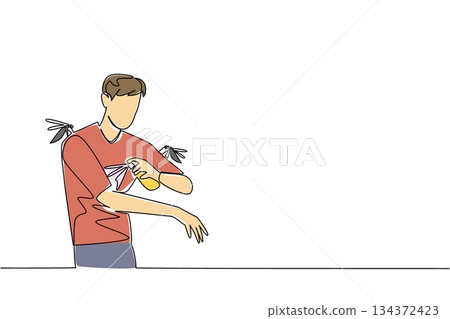 One line drawing design for Insect Repellent Awareness Day featuring a young man surrounded by mosquitoes while applying repellent, symbolizing prevention, health, and personal protection awareness. 134372423