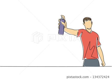 Single line drawing art for Insect Repellent Awareness Day featuring a man using insect spray, highlighting health awareness, outdoor safety, and family protection from mosquito-borne diseases. 134372424