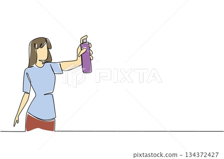 Continuous line drawing design concept for Insect Repellent Awareness Day showing a woman spraying insect repellent, promoting personal health, safety, and awareness against mosquitoes. 134372427