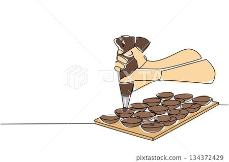 Continuous line drawing illustration of hands filling chocolate shells with ganache, celebrating National Chocolate Macaron Day in a food concept with elegant minimal style Continuous line drawing illustration of hands filling chocolate shells with ganache, celebrating National Chocolate Macaron Day in a food concept with elegant minimal style 134372429