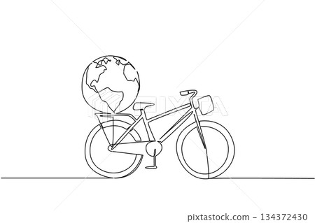 Simple single line drawing of a bicycle carrying a large globe on its back carrier, symbolizing global connection and sustainability for World Bicycle Day in a sport and travel concept. 134372430