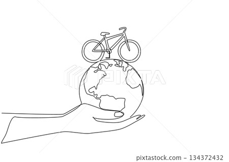 Creative continuous line drawing of a bicycle placed on a globe held by a hand, representing global care and eco-friendly cycling for World Bicycle Day in a sport and conservation concept. Creative continuous line drawing of a bicycle placed on a globe held by a hand, representing global care and eco-friendly cycling for World Bicycle Day in a sport and conservation concept. 134372432