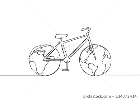 Detailed single line drawing of a bicycle with both wheels shaped like the Earth, highlighting eco-friendly transport and unity for World Bicycle Day in a sport, travel, and environment concept. Detailed single line drawing of a bicycle with both wheels shaped like the Earth, highlighting eco-friendly transport and unity for World Bicycle Day in a sport, travel, and environment concept. 134372434