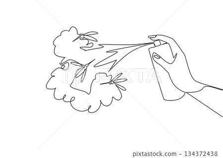 One line drawing of a mosquito with a prohibition circle and repellent spray, health concept, international theme for Insect Repellent Awareness Day, minimalist style symbolizing prevention. One line drawing of a mosquito with a prohibition circle and repellent spray, health concept, international theme for Insect Repellent Awareness Day, minimalist style symbolizing prevention. 134372438