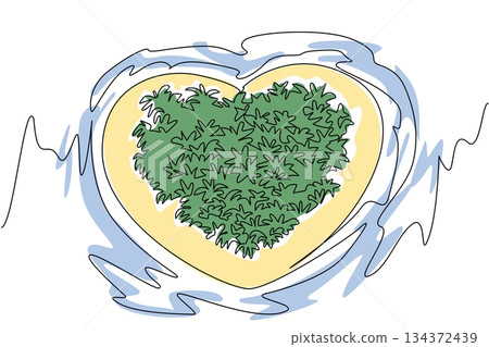 One line drawing of a heart-shaped island covered in dense tropical forest, nature concept, romantic theme for Love Island Day, minimalist style expressing love and paradise. 134372439