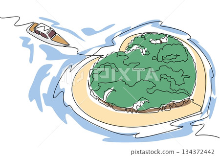 Continuous line drawing of a heart-shaped island with lush trees and a boat nearby, nature concept, romantic theme for Love Island Day, minimalist style symbolizing love and travel. 134372442