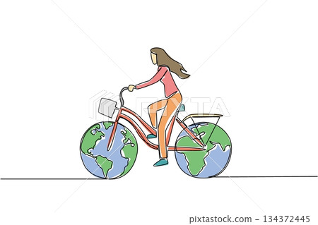 One line drawing of a woman riding a bicycle with globe wheels, nature concept, eco-friendly theme for World Bicycle Day, minimalist style symbolizing sustainability and global unity. 134372445