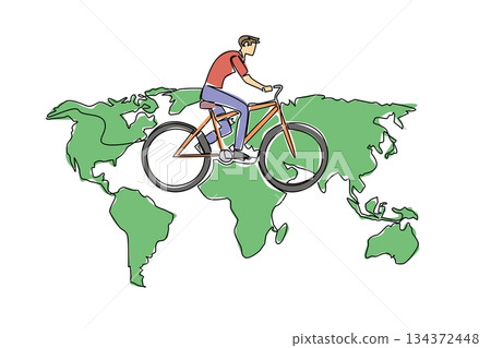 One line drawing of a man cycling on a world map, nature concept, eco-friendly theme for World Bicycle Day, minimalist style representing global unity through cycling. 134372448