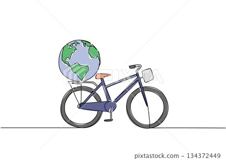 One line drawing of a bicycle carrying the Earth on its rear rack, nature concept, eco-friendly theme for World Bicycle Day, minimalist style promoting global care through cycling. 134372449