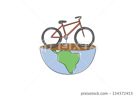 One line drawing of a bicycle standing on a half globe, nature concept, eco-friendly theme for World Bicycle Day, minimalist style promoting green transport and planet care. One line drawing of a bicycle standing on a half globe, nature concept, eco-friendly theme for World Bicycle Day, minimalist style promoting green transport and planet care. 134372453