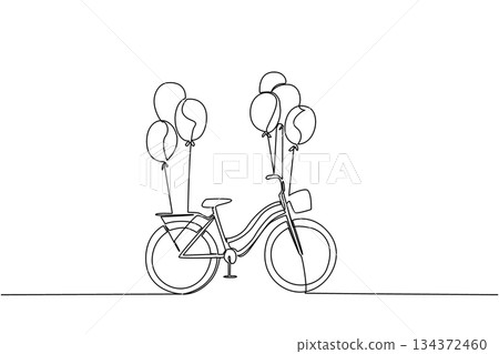 A continuous line drawing of a simple bicycle decorated with floating balloons, representing a playful celebration for World Bicycle Day in a cheerful transport concept style. 134372460