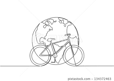 Simple single line drawing of a bicycle placed in front of a large globe, symbolizing the global cycling movement for World Bicycle Day in a sport, health, and environment concept Simple single line drawing of a bicycle placed in front of a large globe, symbolizing the global cycling movement for World Bicycle Day in a sport, health, and environment concept 134372463