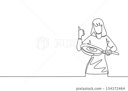 Continuous line draw of a woman cooking high protein omega eggs in a pan, celebrating National Egg Day in a culinary concept with food theme, promoting healthy eating, freshness, and daily nutrition. 134372464
