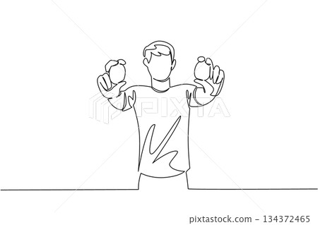 Single line drawing of a man holding two high protein eggs, marking National Egg Day in a health concept with food theme, focusing on freshness, protein-rich nutrition, and sustainable living. 134372465