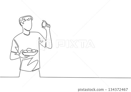 Single line drawing of a man holding an egg and a bowl of eggs, honoring National Egg Day in a health concept with food theme, focusing on freshness, protein, and daily nutrition. 134372467