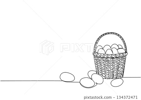 Continuous line drawing of a woven basket with eggs spilling out, celebrating National Egg Day in a nature concept with food theme, expressing abundance, freshness, and farm life. 134372471