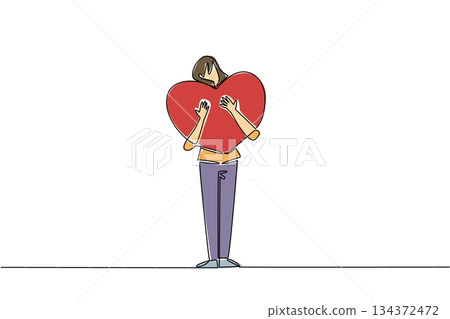A single line drawing of a woman holding a large heart tightly against her chest, representing connection, tenderness, and unity for Love Conquers All Day in a relationship and affection concept. A single line drawing of a woman holding a large heart tightly against her chest, representing connection, tenderness, and unity for Love Conquers All Day in a relationship and affection concept. 134372472