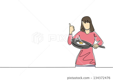 A continuous one line drawing of a woman cooking sunny side up egg in a frying pan while giving a thumbs up, food National Egg Day celebration concept. Breakfast minimalism and culinary vector design. A continuous one line drawing of a woman cooking sunny side up egg in a frying pan while giving a thumbs up, food National Egg Day celebration concept. Breakfast minimalism and culinary vector design. 134372476