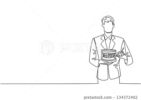 A one line drawing of a male dentist demonstrating tooth brushing on a dental model, symbolizing oral hygiene education for National I Love My Dentist Day in a health concept. A one line drawing of a male dentist demonstrating tooth brushing on a dental model, symbolizing oral hygiene education for National I Love My Dentist Day in a health concept. 134372482