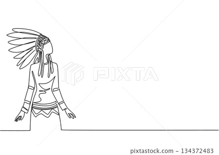 Continuous line drawing of a Native American man wearing a feather headdress playing a flute, symbolizing culture concept for American Indian Citizenship Day and indigenous musical traditions. 134372483