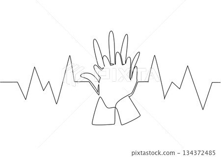 Continuous line drawing of hands performing chest compressions with a heartbeat line in the background, representing health concept for National CPR and AED Awareness emergency care. Continuous line drawing of hands performing chest compressions with a heartbeat line in the background, representing health concept for National CPR and AED Awareness emergency care. 134372485