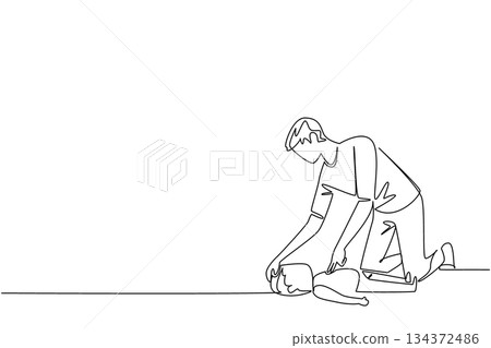 Continuous line drawing of a man checking the airway of a patient lying on the ground, illustrating health concept for National CPR and AED Awareness to encourage quick emergency response. Continuous line drawing of a man checking the airway of a patient lying on the ground, illustrating health concept for National CPR and AED Awareness to encourage quick emergency response. 134372486