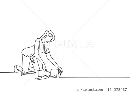 Single line drawing of a woman checking the airway of a patient on the ground, representing health concept for National CPR and AED Awareness to promote emergency life-saving skills. Single line drawing of a woman checking the airway of a patient on the ground, representing health concept for National CPR and AED Awareness to promote emergency life-saving skills. 134372487