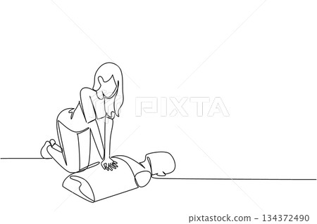 Single line drawing of a woman practicing CPR chest compressions on a mannequin, showing health concept for National CPR and AED Awareness to promote lifesaving emergency skills. 134372490