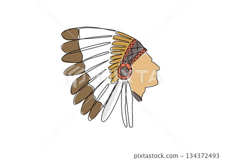 Continuous line drawing of a Native American man chief in side profile with ornate feather headdress, expressing cultural heritage concept for American Indian Citizenship Day in a history theme. 134372493