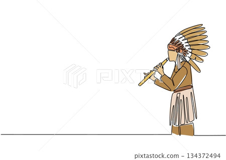 One line drawing of a Native American man playing a flute in ceremonial attire, symbolizing cultural heritage concept for American Indian Citizenship Day in a history and tradition theme. 134372494