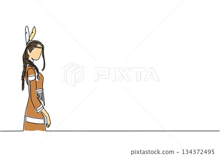 Single line drawing of a Native American woman in traditional feather headband, expressing cultural heritage concept for American Indian Citizenship Day in a history and identity theme. 134372495