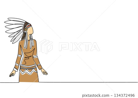 Continuous line drawing of a Native American woman in traditional dress and feathered headdress, expressing cultural heritage concept for American Indian Citizenship Day in a history and pride theme. 134372496