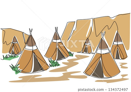 Continuous line drawing of a Native American village with multiple teepees, representing cultural heritage concept for American Indian Citizenship Day in a history and tradition theme. 134372497