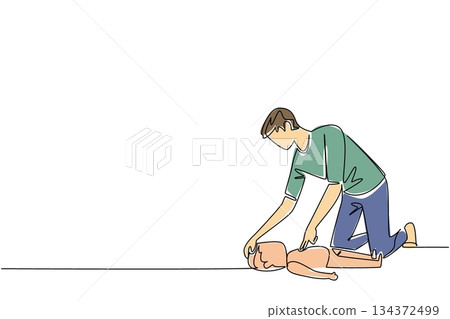 National CPR and AED Awareness illustration of a father giving CPR to a child, family health concept in continuous line drawing style, inspiring life-saving readiness in all households. National CPR and AED Awareness illustration of a father giving CPR to a child, family health concept in continuous line drawing style, inspiring life-saving readiness in all households. 134372499