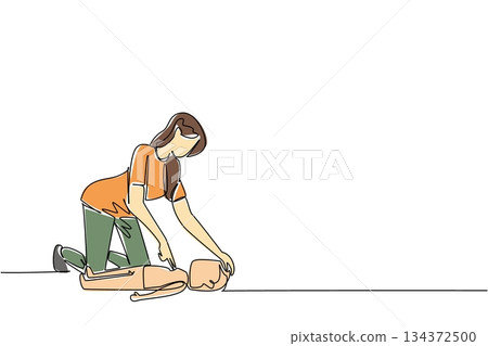 National CPR and AED Awareness art depicting a mother aiding CPR on a patient, health and care concept in single line drawing style, encouraging first aid learning for families. National CPR and AED Awareness art depicting a mother aiding CPR on a patient, health and care concept in single line drawing style, encouraging first aid learning for families. 134372500