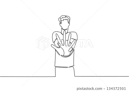 Single line drawing of a man performing CPR chest compressions, symbolizing health concept for National CPR and AED Awareness in promoting quick and effective emergency response. 134372501